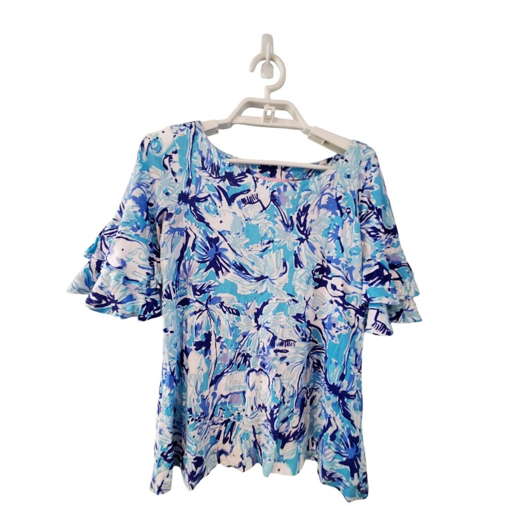 Lilly Pulitzer Lula Top womens XS blue knit elephants tee Pima Cotton Mo…